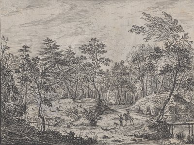 Paisagem da floresta com um cavaleiro conversando com um homem no centro, uma passarela à direita, 1716. de Peter von Bemmel