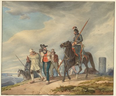 Três cavaleiros armados escoltando prisioneiros perto de Reims de Peter von Hess