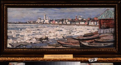 Deriva do gelo no Volga, perto de Yaroslavl (Rússia). Trabalho de Pyotr Ivanovich Petrovichev (Piotr Petrovitchev) (1874-1947), óleo sobre cartão de Petr Ivanovic Petrovichev