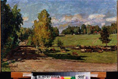 A descansar no prado. (Manada de gado perto de um riacho, atravessando um campo de pasto). Trabalho de Pyotr Ivanovich Petrovichev (Pyotr Petrovitchev) (1874-1947), petróleo a bordo de Petr Ivanovic Petrovichev