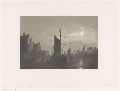 Barcos à vela ao longo de um cais ao luar de Petrus Paulus Schiedges (I)