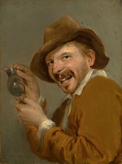 Gosto: Um homem que ri com um vidro virado para cima. Da série Personificações dos Cinco Sentidos, c.1635-66 (óleo sobre madeira) de Petrus Staverenus