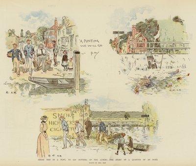 Três homens em um punt, para não dizer nada do almoço, a história de um quarto de hora (chromolitho) de Phil May