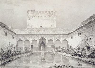 Piscina e Fonte no Pátio do Alberca, Alhambra, Placa 21 de &39;Lembranças de Granada e de l&39;Alhambra&39;, publicado c.1836-37 de Philibert Joseph Girault de Prangey