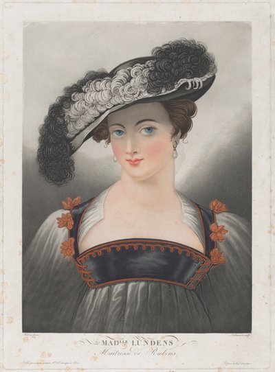 Retrato de Susanna Lunden, usando chapéu de abas largas com penas, ca. 1809-35.. de Philibert Louis Debucourt