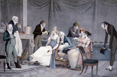 As visitas, de Louis-Philibert Debucourt (1755-1832), aquatint, cena com móveis de inspiração etrusca ao estilo Directoire, França de Philibert-Louis Debucourt