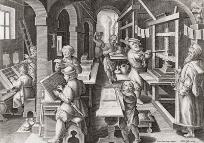 Uma tipografia europeia cerca de 1590 (gravura) de Philip (after) Galle