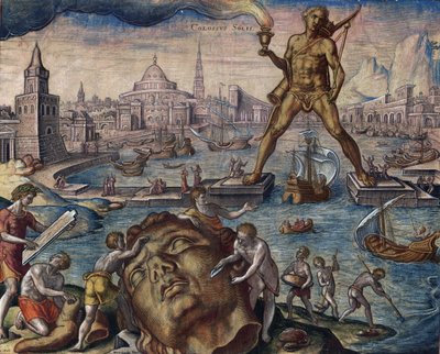 Sept merveilles du monde : "Le colosse de Rhodes" (Colosso di Rodi) - O Colosso de Rhodes (da série "As Oitava Maravilhas do Mundo") Depois de Maarten van Heemskerck - Galle, Philipp (1537-1612) - 1572 - Gravura, aguarela - Bibliotheque muni de Philip (after) Galle