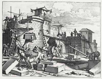 Prisioneiros de guerra portugueses constroem um forte perto de Kandy (gravura) de Philip Baldaeus