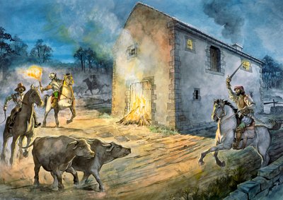 Reivers invadindo Birdoswald, século 16, c1990-2010 de Philip Corke