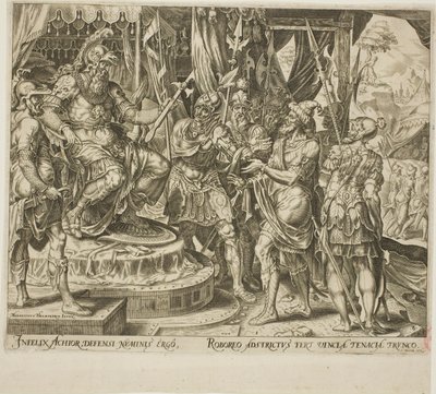 Achior Suplicando com Holofernes pelos israelitas, prato um da História de Judite e Holofernes de Philip Galle