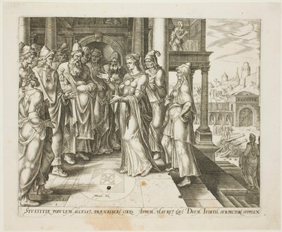 Judith Dirigindo-se aos Anciãos de Bethulia, placa três da História de Judith e Holofernes de Philip Galle