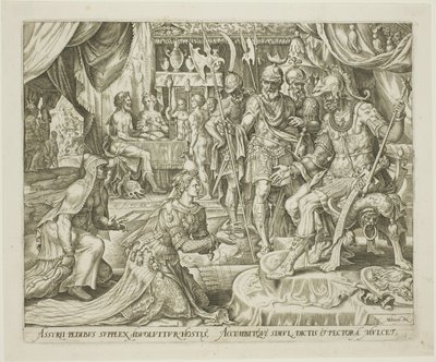 Judith Apresentado a Holofernes, placa cinco de A História de Judith e Holofernes de Philip Galle