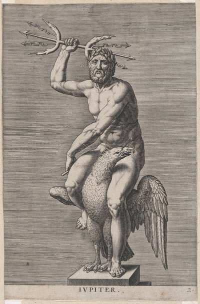 Placa 2: Júpiter, estátua do deus nu sentado em uma águia, segurando um tridente duplo, de..., 1586. de Philip Galle