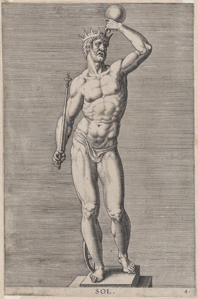 Placa 4: Apolo, estátua do deus nu em pé sobre um soco, usando uma coroa e segurando um..., 1586. de Philip Galle
