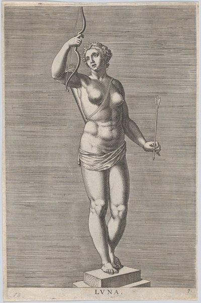 Ilustração 7: Diana, estátua da deusa nua em pé sobre um soco, vestindo uma lua crescente em..., 1586. de Philip Galle