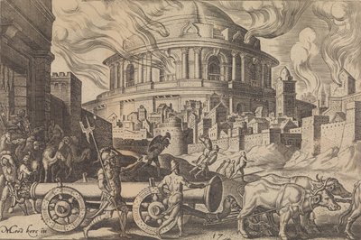Os caldeus levando embora os pilares do templo de Jerusalém, de Os desastres de ..., 1569. de Philip Galle