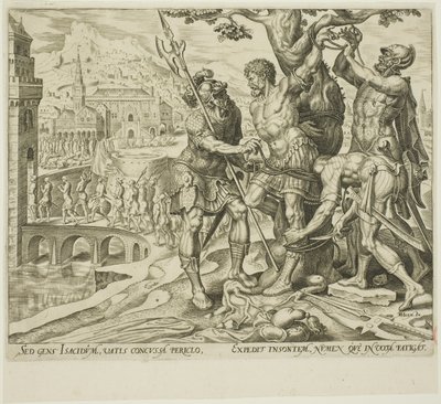 Os israelitas encontrando Achior amarrado a uma árvore, placa dois da história de Judite e Holofernes de Philip Galle