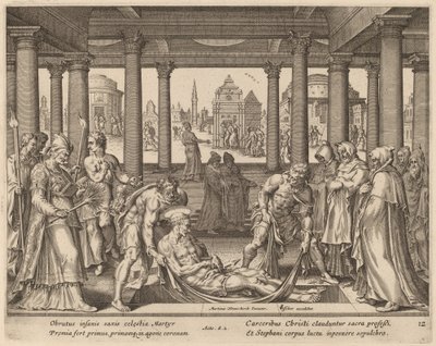 Homens devotos carregando Santo Estêvão para seu enterro de Philip Galle after Maerten van Heemskerck