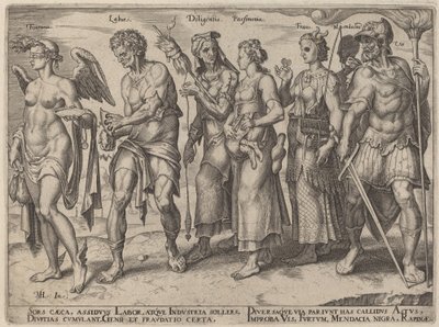 Fortuna, trabalho, cuidado, parcimônia, fraude (maneiras honestas e desonestas de ficar rico) de Philip Galle, after Maerten van Heemskerck