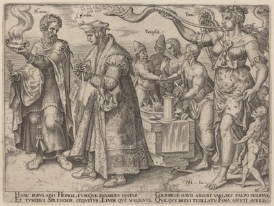 Honra, esplendor, parasitas, fama (os efeitos enganosos da riqueza) de Philip Galle, after Maerten van Heemskerck