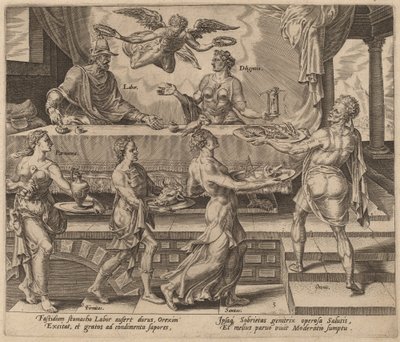 Trabalho e diligência desfrutando de sua refeição simples de Philip Galle after Maerten van Heemskerck