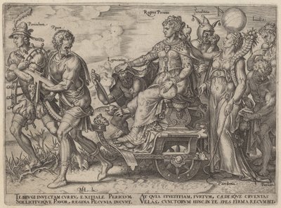Perigo, Pânico, Roubo, Rainha do Dinheiro, Loucura, Inveja (Perigos e Eventos que Acompanham a Riqueza) de Philip Galle, after Maerten van Heemskerck