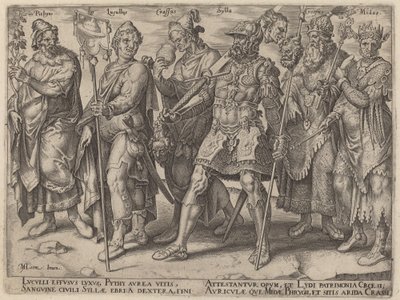 Pythius, Lucullus, Crassus, Sylla, Croesus, Midas (Exemplos Notórios de Riqueza da Antiguidade) de Philip Galle, after Maerten van Heemskerck