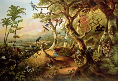 Pássaros e insetos exóticos entre árvores e folhagens em uma paisagem montanhosa do rio de Philip Reinagle