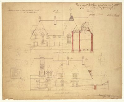 Elevações para The Red House, Bexley Heath (caneta e tinta e wc no papel) de Philip Webb