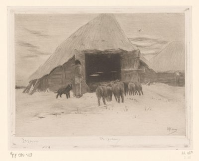 Pastor leva um rebanho de ovelhas em um celeiro Grange dans la neige (título original) de Philip Zilcken (signed by artist)