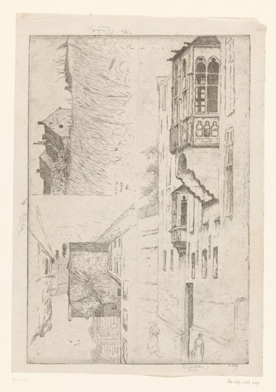 Campo de trigo com casas e duas vistas de casas de uma cidade
A Vleurgat; Champ de Blé / Rue Haute / Etude de la bretêche de l
