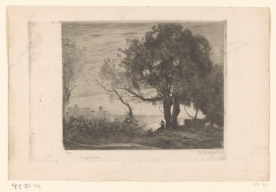 Paisagem com um tocador de flauta debaixo de uma árvore e uma silhueta de uma cidade Soir (título original) de Philip Zilcken (signed by artist)