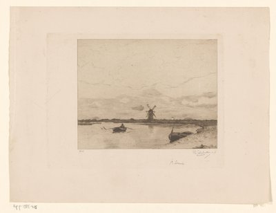 Navegue com um barco a remo em uma paisagem de prado com um moinho Paysage (título original) de Philip Zilcken (signed by artist)