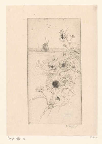 Girassóis para uma paisagem de prado com cavalos e moinho Eutude de tournesols (título original) de Philip Zilcken (signed by artist)