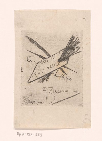 Ex libris com canetas, pincéis e paleta de Philip Zilcken