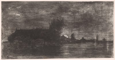 Paisagem com casas e moinho na água Delftshaven (título original) de Philip Zilcken