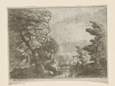 Paisagem tempestuosa com árvores junto a uma ponte sobre um rio de Philipp Hieronymus Brinckmann