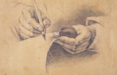 Drawing Hands, 1798 (giz preto aumentado com branco sobre papel pardo) de Philipp Otto Runge