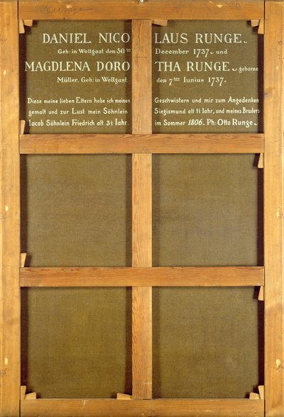 Inscrição na parte de trás da pintura, &39;The Artist&39;s Parents&39;, 1806 de Philipp Otto Runge