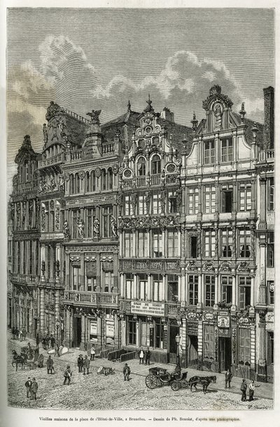 Casas antigas na praça da prefeitura em Bruxelas. Gravura de Ph. Benoist, para ilustrar a história da Bélgica de Camille Lemonnier, publicada no tour du monde, sob a direção de Edouard Charton (1807-1890), Paris de Philippe Benoist