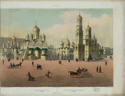 Praça da catedral no Kremlin de Moscou, vista panorâmica de Moscou em 10 partes, ca 1848 de Philippe Benoist