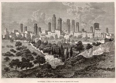 Vista de San Gimignano (Toscana, Itália). Gravura após o desenho de Ph. Benoist, para ilustrar a viagem à Toscana e Umbria, de Francis Wey, em 1875, publicado em "Le tour du monde" 1876, editado por Edouard Charton, edição Hachette, Paris. Selva de Philippe Benoist