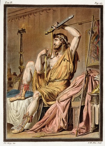 Agamenon, figurino para &39;Iphigenia in Aulis&39; de Jean Racine, de Volume II de &39;Investigação sobre os figurinos e o teatro de todas as nações&39;, gravado por Pierre Michel Alix (1762-1817) 1802 (gravura colorida de Philippe Chery