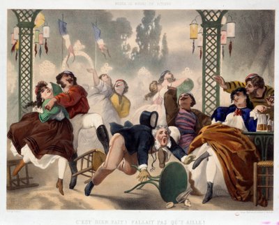 O cassino de Asnieres É bem feito, não precisava ir lá" Cena de entretenimento popular, um homem entra num banquinho e cai no meio da pista de dança. Litografia de Philippe Jacques Linder (1835-?). Serie Musee de Moeurs et d