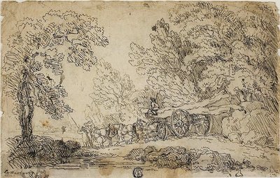 Transporte de troncos numa floresta (frente); esboços de pessoas em várias actividades (verso) de Philippe Jacques de Loutherbourg II