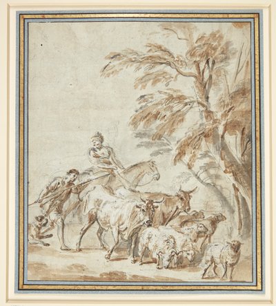 Pastores com vacas e ovelhas. televisão um pastor com um cajado, ao lado dele um pastor montado a cavalo. º. árvores de Philippe Louis Parizeau