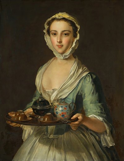Uma jovem segurando uma bandeja de chá, possivelmente Hannah, a empregada do artista. de Philippe Mercier