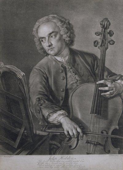 Retrato de John Hebden (fl.1740-60), um violoncelista na orquestra de Handel, gravada por John Faber (1684-1756), 1741 de Philippe Mercier
