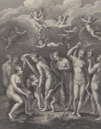 Hera, Afrodite e Atena se preparando para o concurso de beleza diante de P..., ca. 1729-40. de Philippe Simonneau